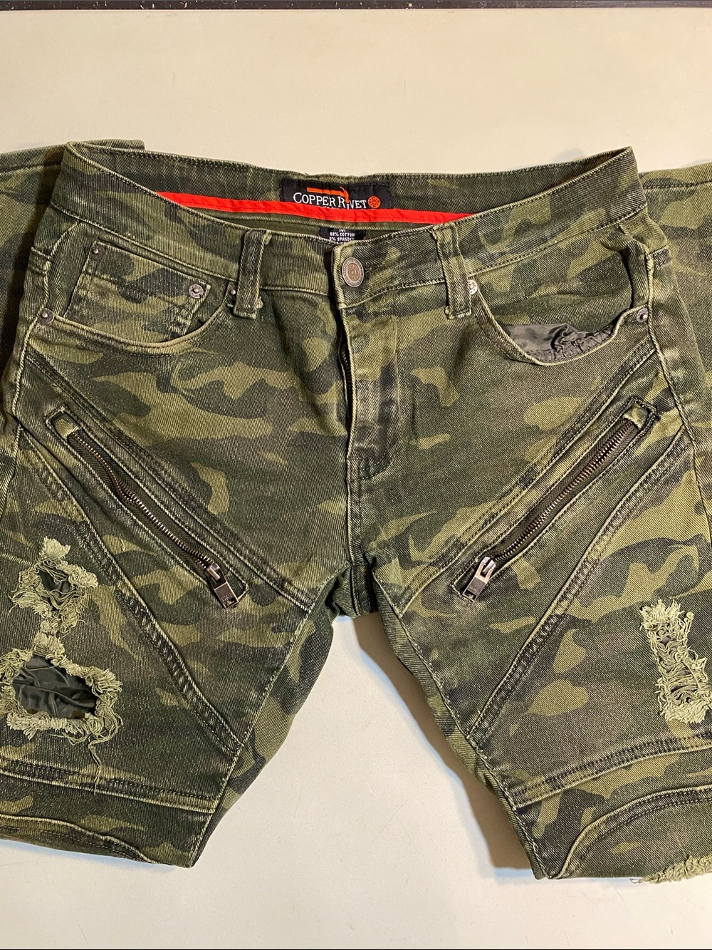 Copper Rivet Women's Camo Skinny Moto Jeans - Olive Green